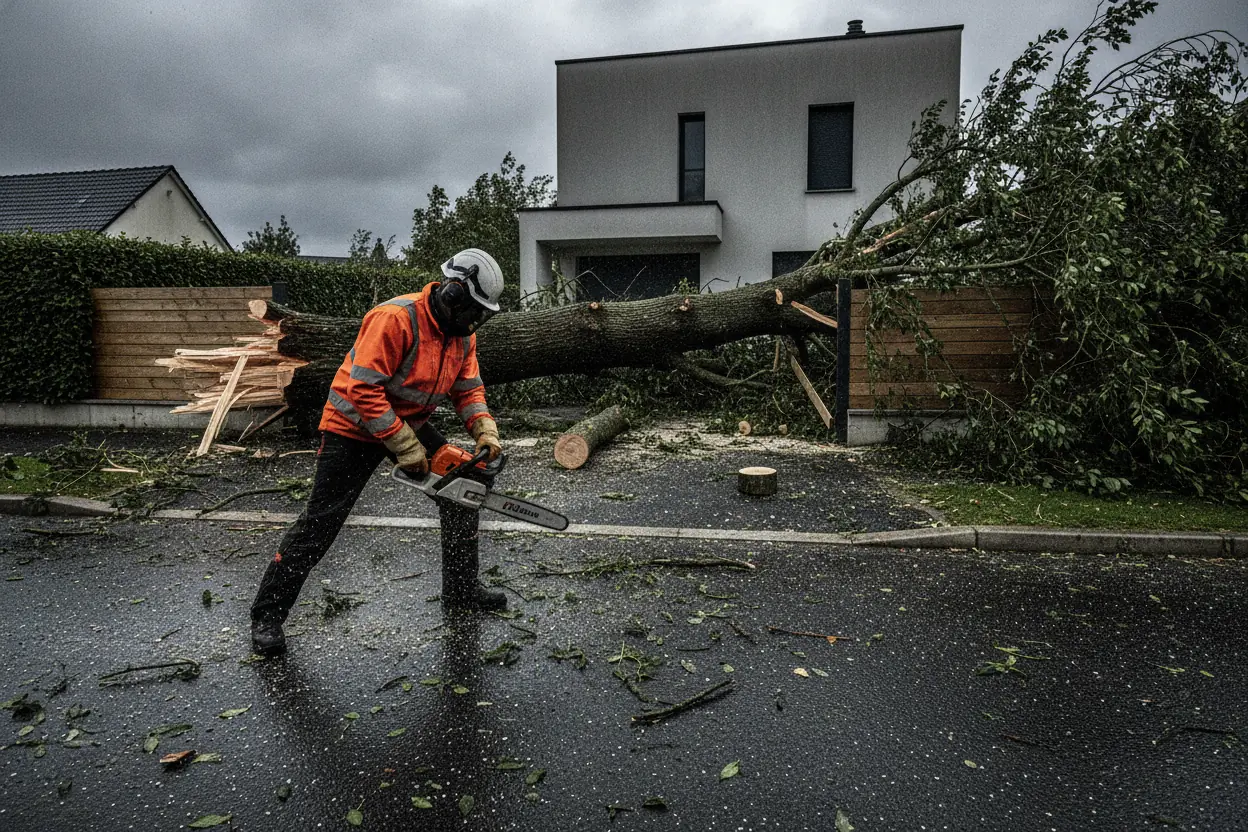 Intervention d'urgence élagage après tempête à Caen, arbre sur toiture